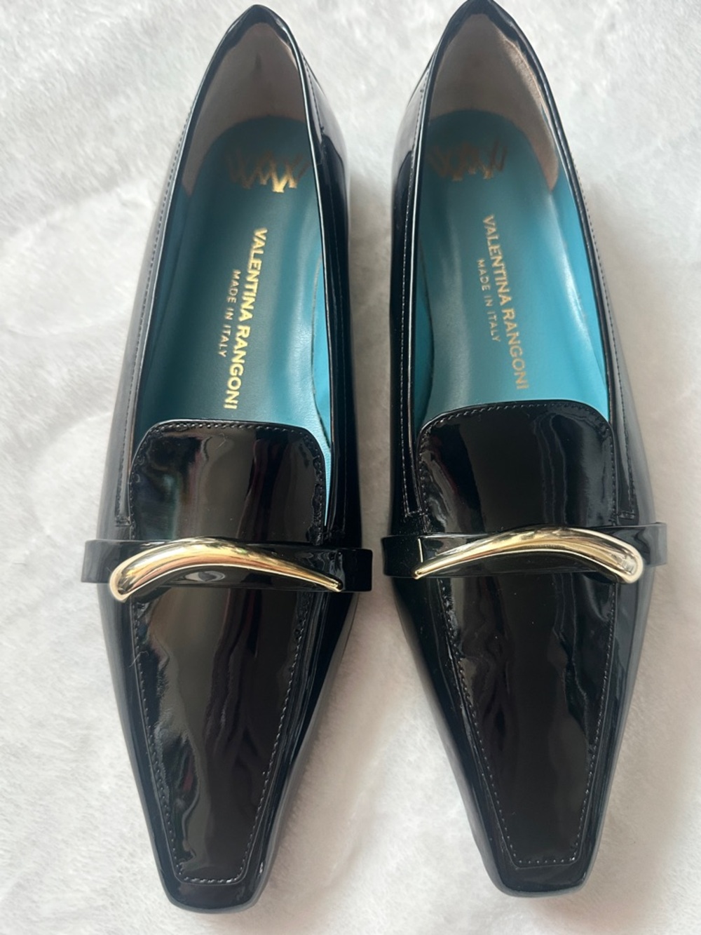 NWT Valentina Rangoni Grecale Flats 7 Black Patent Leather Gold Detail
